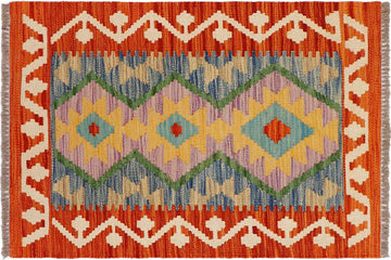 Flat Weave Kilim, Antique, Navaho, Vintage, Handmade, Geometric Kilim Rust Beige Hand-Woven Rectangle 100% Wool Area Rug 2 x 3